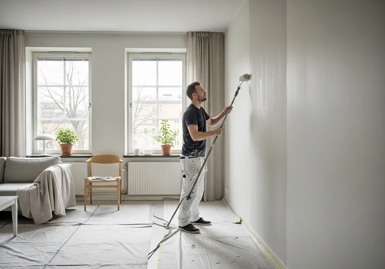 Målare rullar färg på en vägg i ett ljust rum