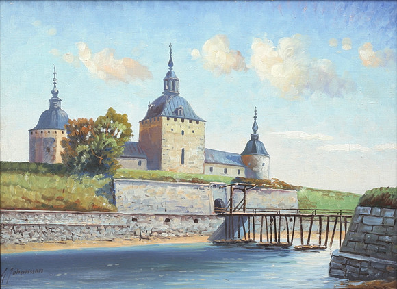 Målning av Kalmar slott med bron över vallgraven